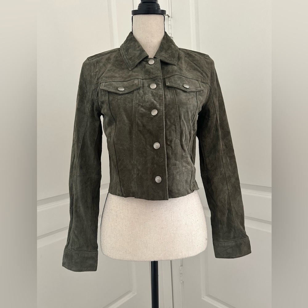 BLANKNYC Cropped Dark Olive Suede Moto Jacket XS | Leather